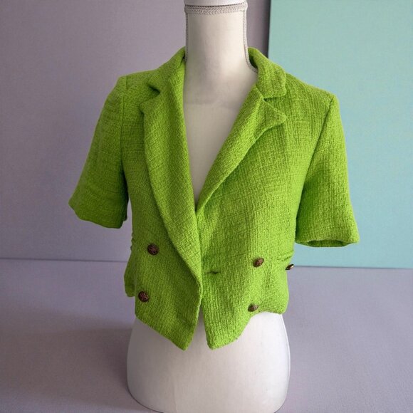 INDEFEIR Lime Green Boucle Crop Blazer Jacket Size XS - Picture 2 of 7